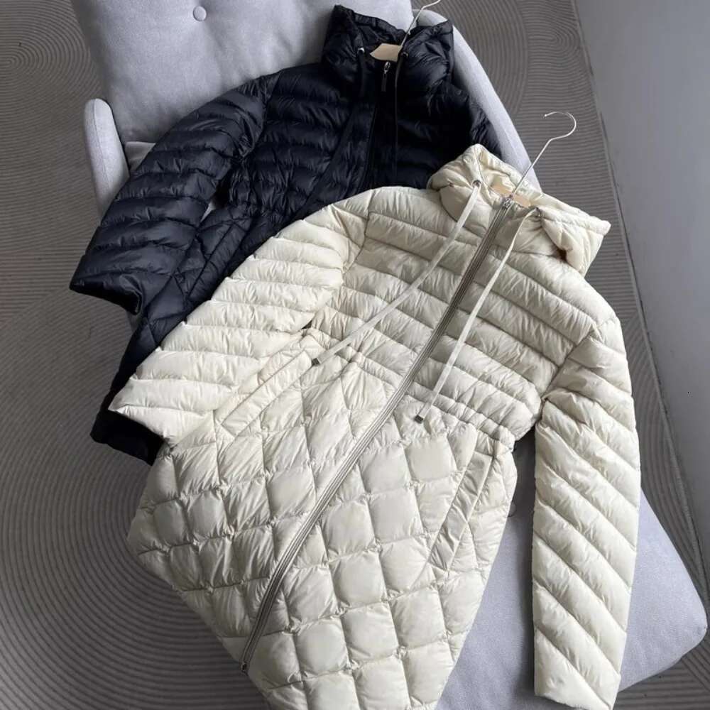 2024 Autumn Winter Slim Hooded Puffer Jacket Women Waistband Lightweight Long White Duck Down Coat Female Casual Solid Parka