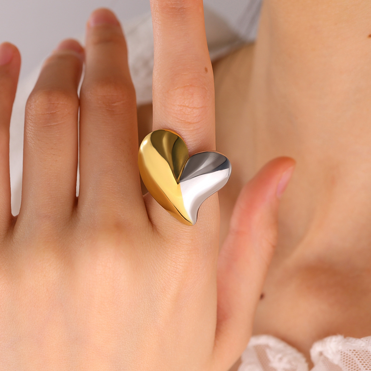Minimalist Two-Tone Heart Ring, Stylish Open Adjustable Stainless Steel Ring with Gold & Silver Plating for Women