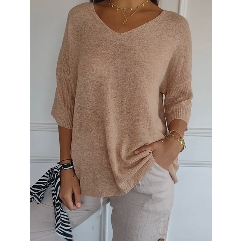 Knitted sweater casual sweater basic style slimming V-neck seven quarter sleeve solid color knitted sweater womens base shirt 250514