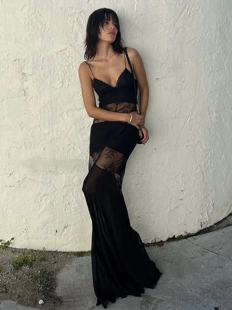 Lace See Through Sling Maxi Dress Women Sexy Slim Black Backless Sleeveless Long Dresses Female Summer Chic Party Evening Robes 250514