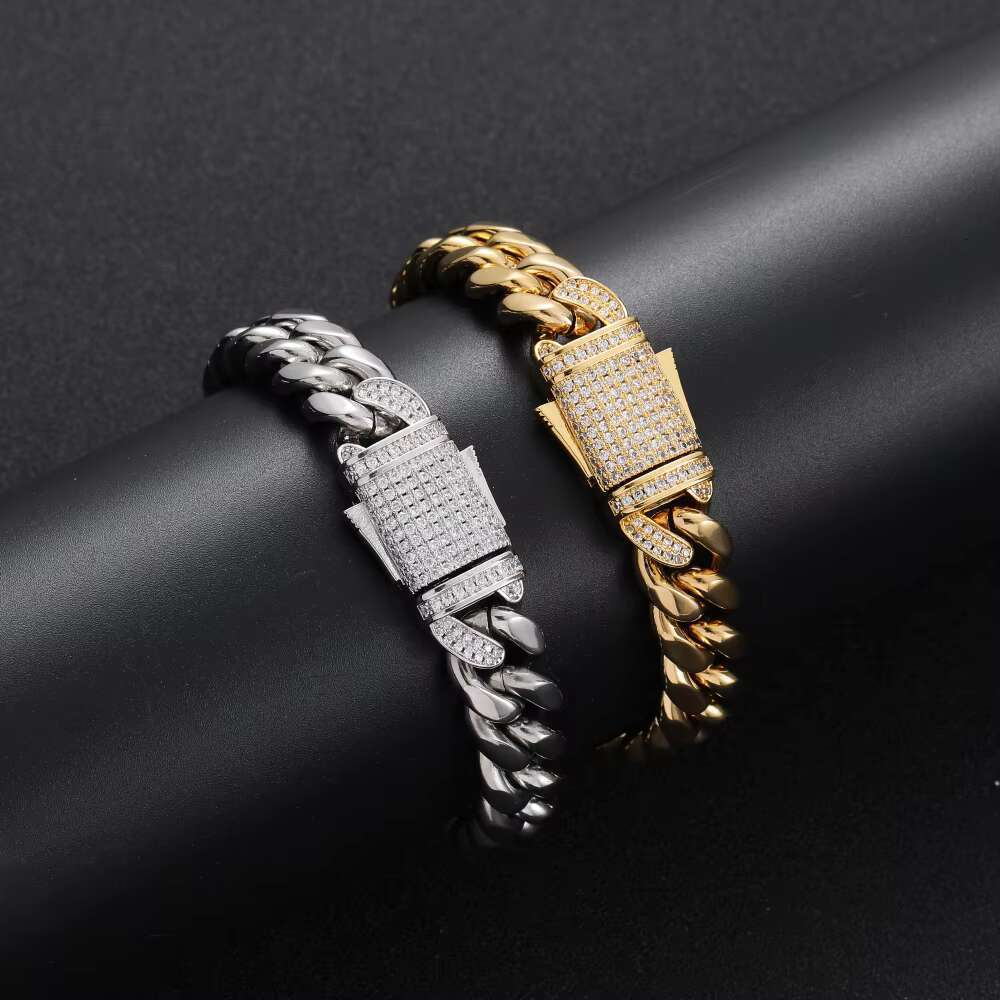 DHCollections 12mm Hip Hope Jewelry Brass Inlaid Ice Out Zircon Cuban Chain Bracelet