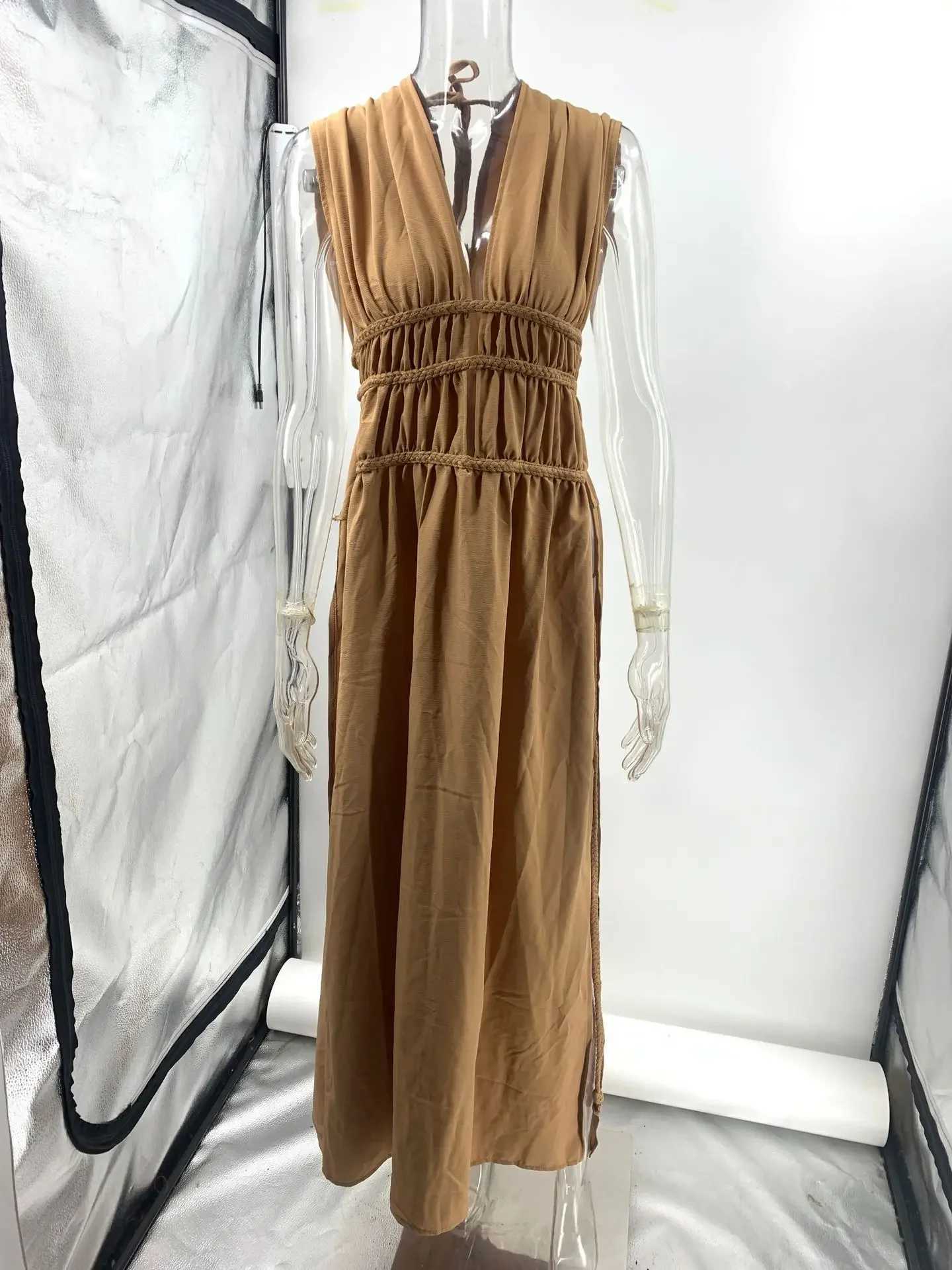 2025 Summer Bohemian Women Long Dress Linen V-neck Backless Lace Up Side Split Sexy Dresses Female Holiday Beach Clothes LadiesXJ250514