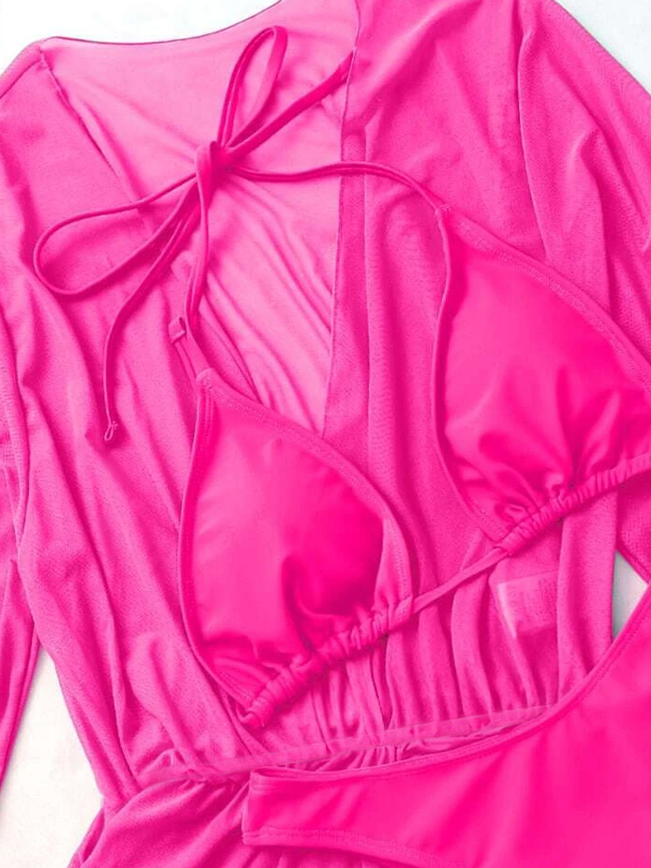 Women's Swimwear Rose red three piece swimsuit split neck strap bikini women's sexy high-end beachwear long sleeved