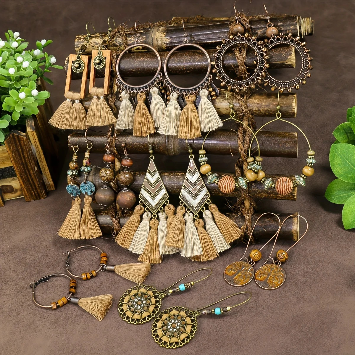 10 Pairs Brown Earrings Set Boho Jewelry Set Drop Dangle Earrings Tassel Wooden Beading Vintage Statement Earrings for Women 250513