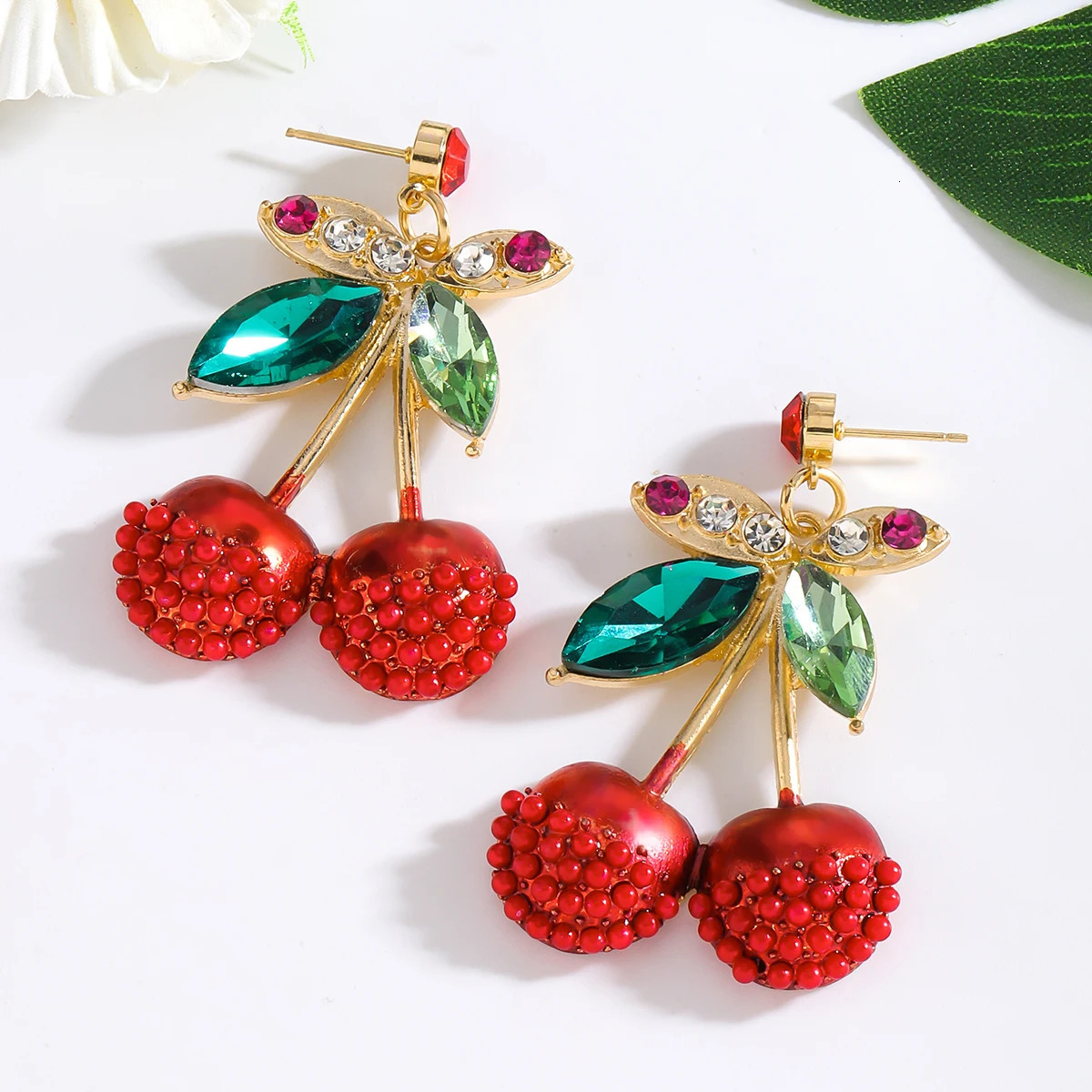 Vedawas Rhinestone Rice Bead Enamel Cherry Drop EarringsLovely Elegant Beaded Fruit Party Holiday Women Accessories 250514