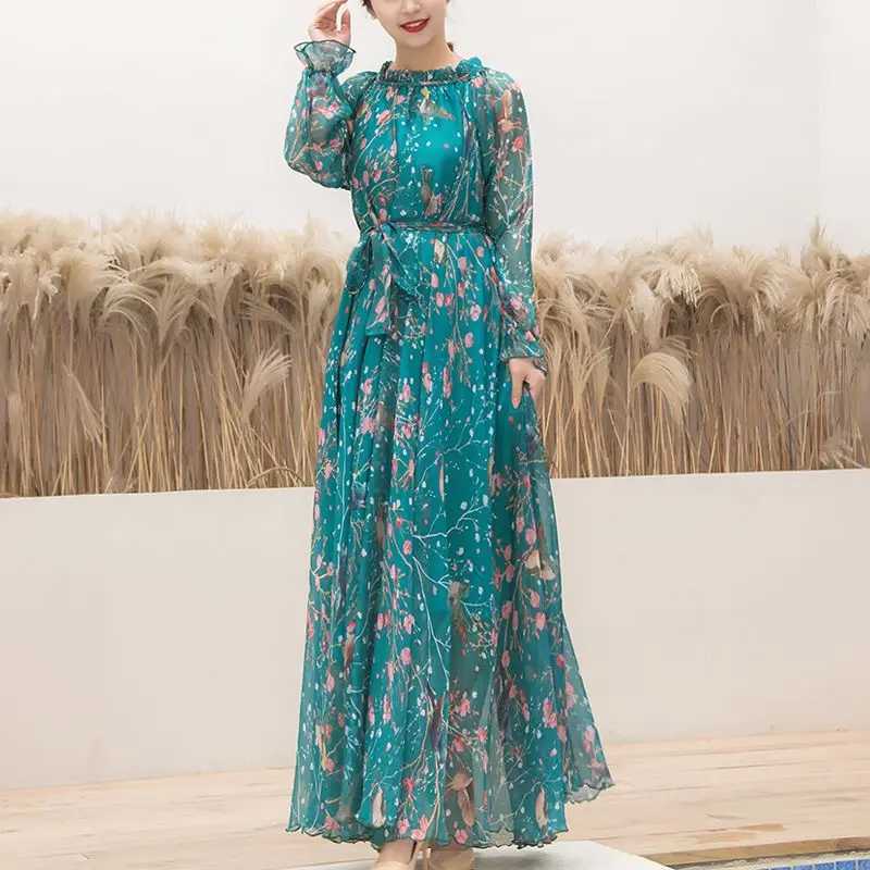 2023 Boho Floral Print Party Dress Women Vestidos Elegant Fashion Loose Chiffon Long Slve Muslim Abaya Islamic Clothing Robe X2505141