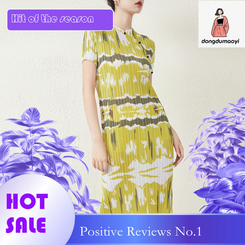 dongdumaoyi Miyake Summer New Style Cheongsam Long with Wrinkles High End Charm Grass Green Waist Collection Dress for Women