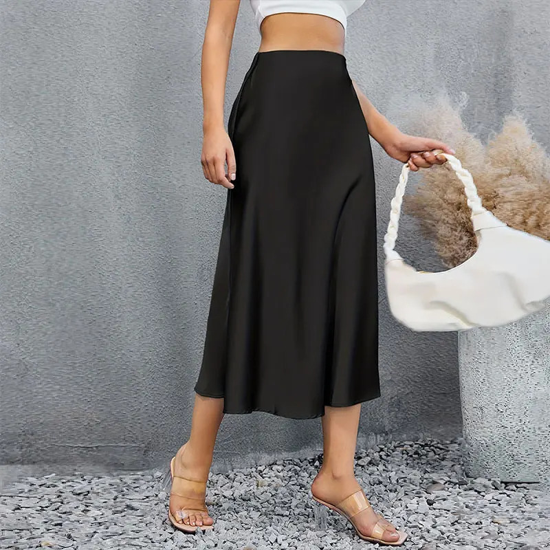 Satin Skirts for Women Korean Style Champagne Office High Waist Aline Skort Fashion Elegant Solid Long Pencil Skirt Silk Like 250514