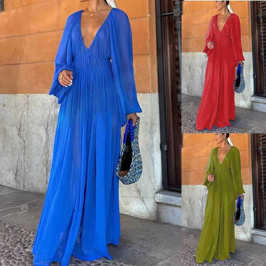 Summer Long Dress New Chiffon Dress Loose Vacation Womens Long Sleeved Dresses Boho Style FashionXJ250514
