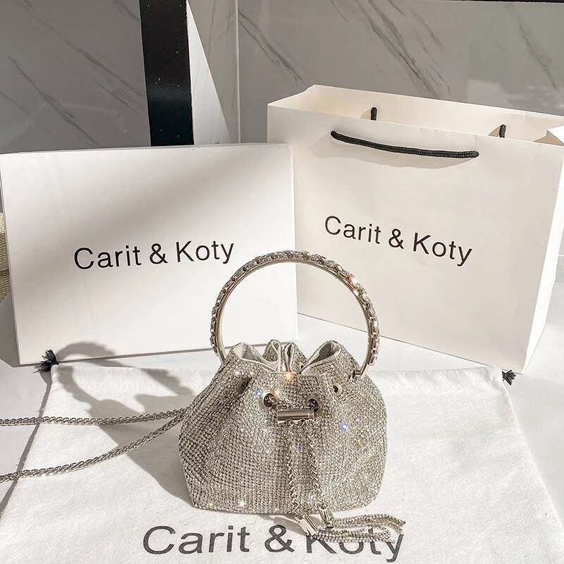Rhinestones Dia Evening Clutch Designer Metal Ring Women's Handbag Wedding Party Bling Bucket Purse Shoulder Bag