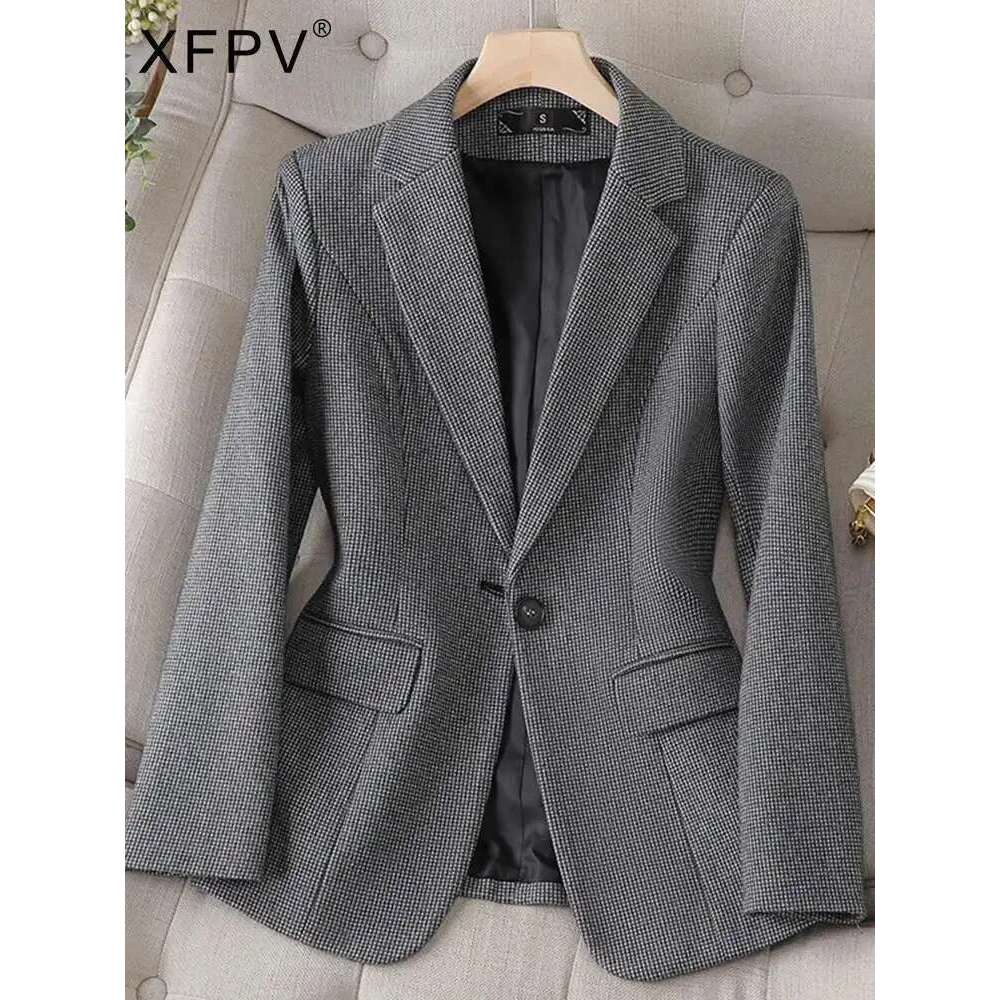 XFPV Women's Apricot Woolen Temperament Casual Thickened Slim Single Button Blazer Coat Fashion New Winter Autumn 2025 SM8557