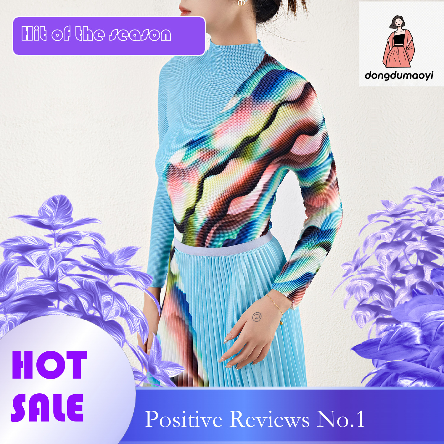 dongdumaoyi European fashion high-end printed set, new pleated elastic T-shirt, Tongle half body skirt, three bedroom two-piece set