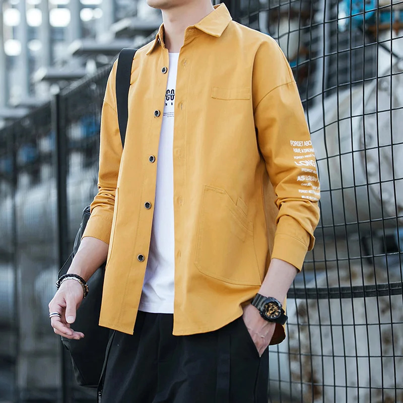 Autumn highquality washed cotton shirt mens long sleeved lapel cargo clothing Korean streetwear retro 250506Z