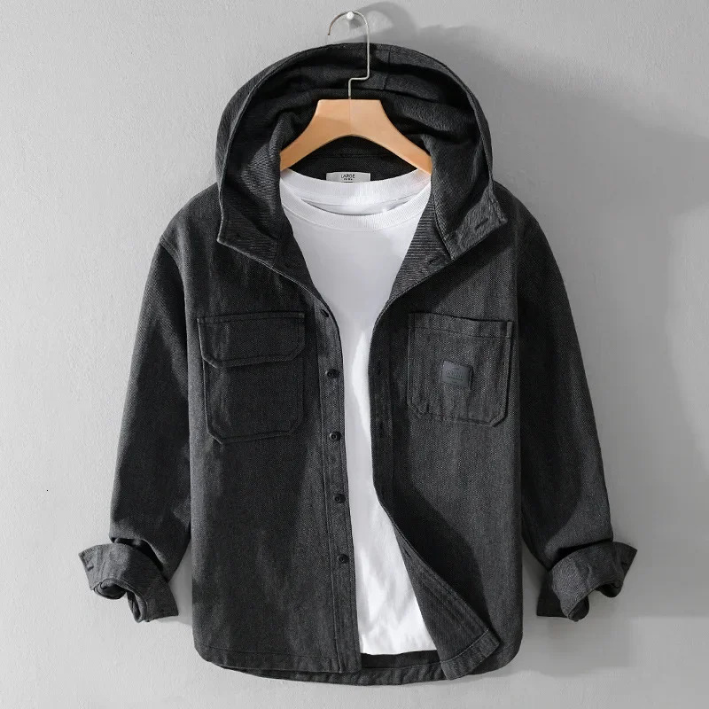 Autumn mens long sleeved streetwear youth hooded merchandise shirt double pocket casual black American retro 250506Z