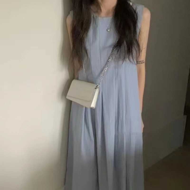 REALEFT Summer Solid O-Neck Pleated Womens Tank Dresses 2024 New Korean Sleeveless Casual Loose A-Line Dresses Pockets FemaleXJ250514