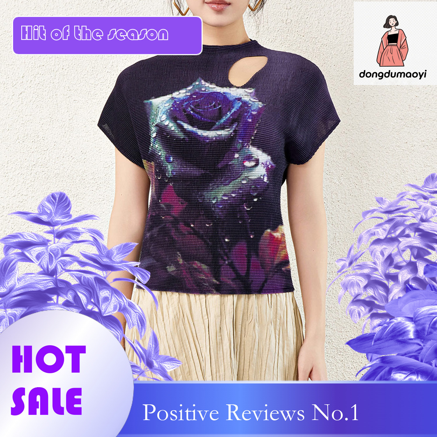 dongdumaoyi Miyake style top 2024 new half neck short sleeved fashionable printed hollow out clothes women's rose T-shirt
