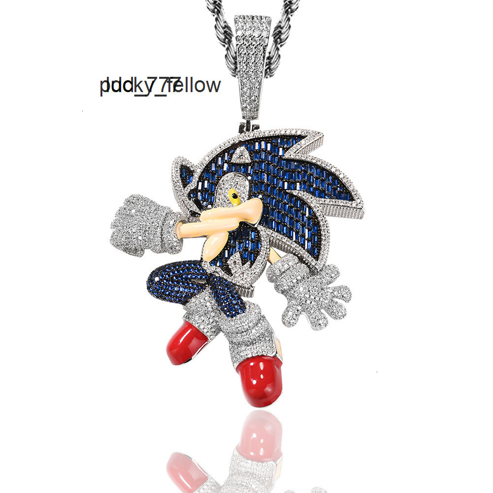 Lucky Wholesale Hip Hop Enamel 14k 18k Gold Plated Iced Out Baguette Diamond Blue Fast Sonic Pendant Necklace