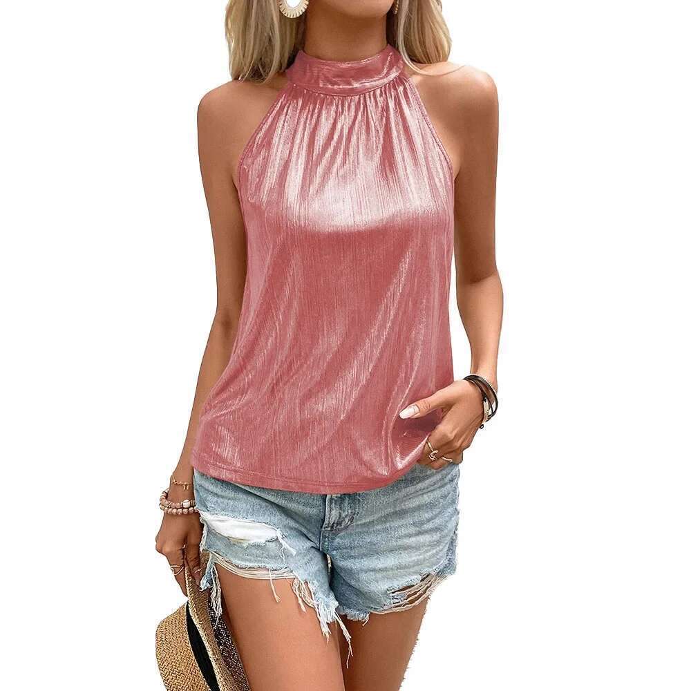 Plus Size Tops Women Sleeveless Slim Fit Tank Top Summer Clothing Shiny Metallic Tanks Office Lady Casual Oversized T Shirt