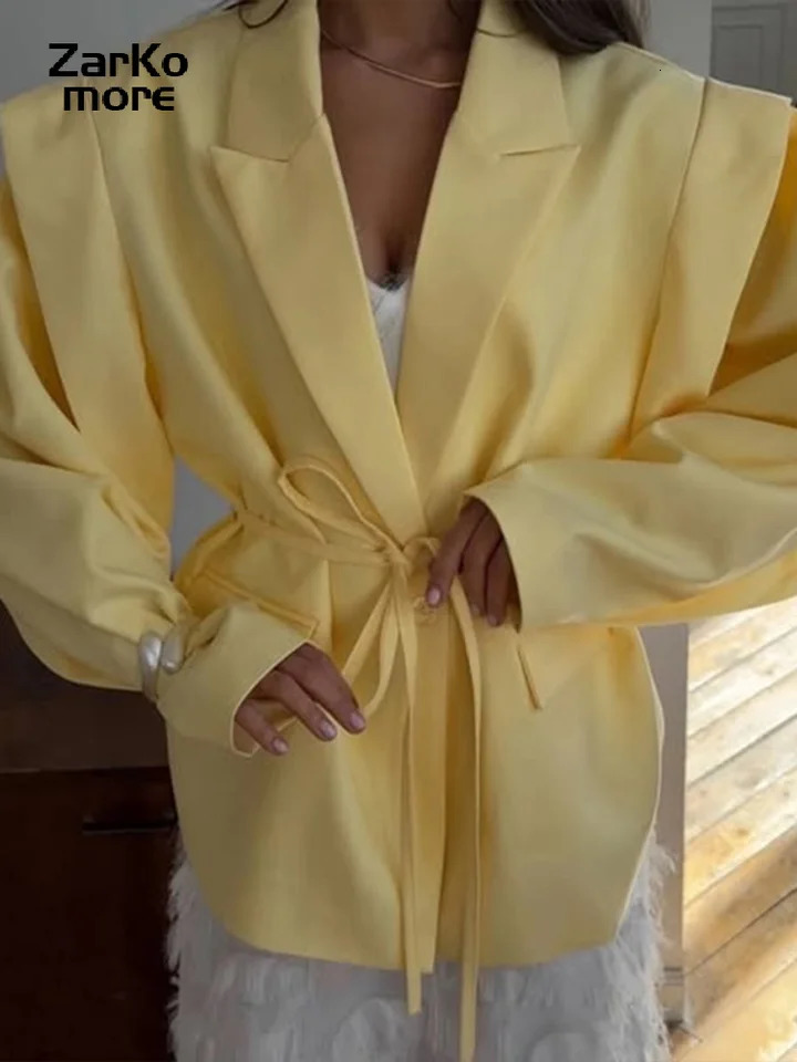 Street Lace Up Womens Blazer Yellow Button Long Sleeve Lapel Button Suit Jacket 2025 Spring Summer Lady Loose Casual Outwear 250513
