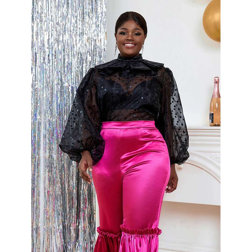 Women's Black Tulle Blouses Polka Dot Ruffles High Neck Tops Shirt Lantern Sleeve Pullover See Through Summer Clubwear Plus Size