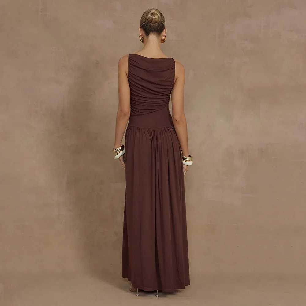 Spring and summer new pleated sleeveless solid color slim waist long dress with patchwork sexy dressXJ250514