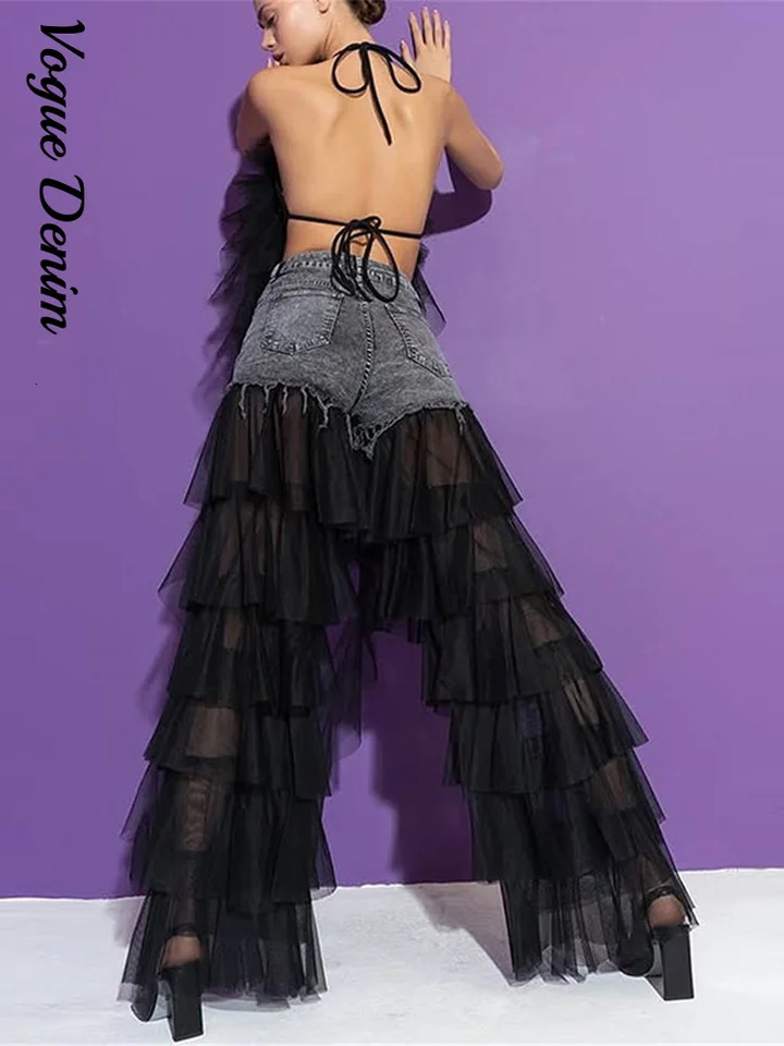 Summer Denim Patchwork Layer Tulle Woman Pants Wash Low Waist Pockets Cake Gauze Jeans 2025 High Street Female Trousers 250513