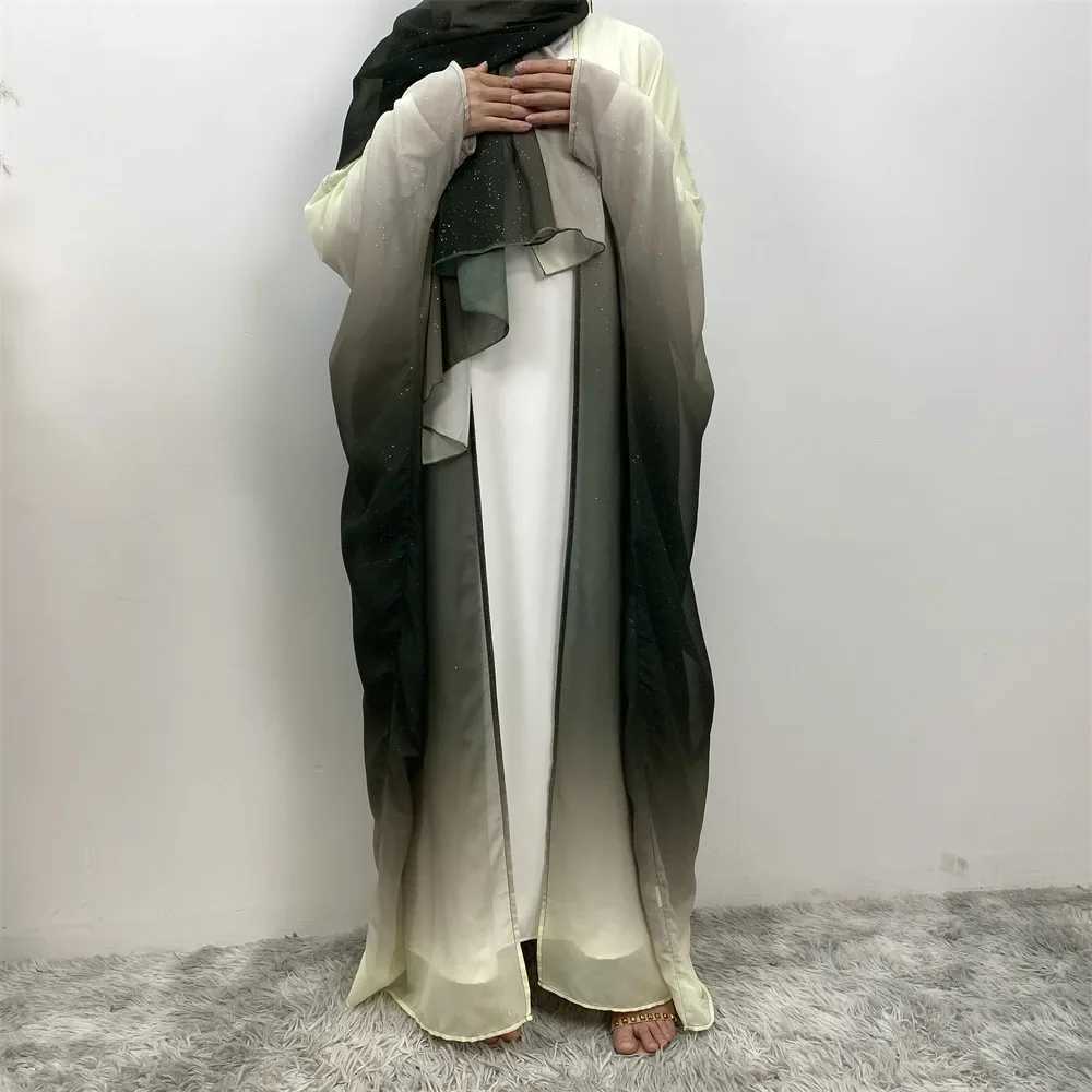 Dubai Luxury Shiny Gradient Color Abaya Open Kimono Muslim Dresses with Scarf Chiffon Modest Robe Khimar Islamic Ka Caftan X250514