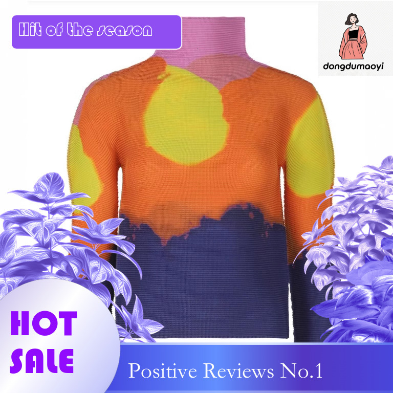 dongdumaoyi Miyake counter me series long sleeved T-shirt women in spring, semi high neck slim fit pleated top for women, thin base shirt