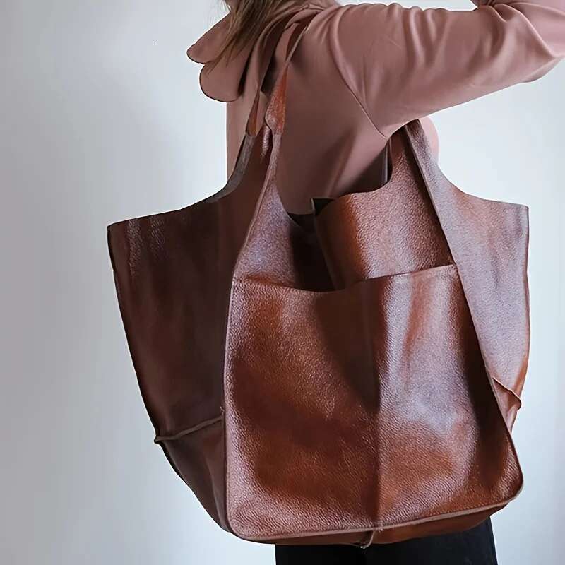 Retro Minimalist Tote Large Capacity Shopping Fashion PU Soft Leather Shoulder Bag