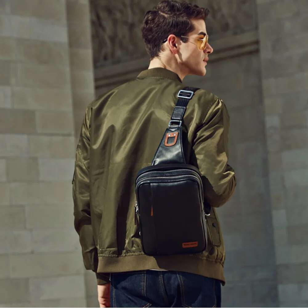 BISON DENIM Genuine Leather Crossbody Bags Multifunctional Zipper Shoulder Bag Casual Men Chest Waist Pack N2425