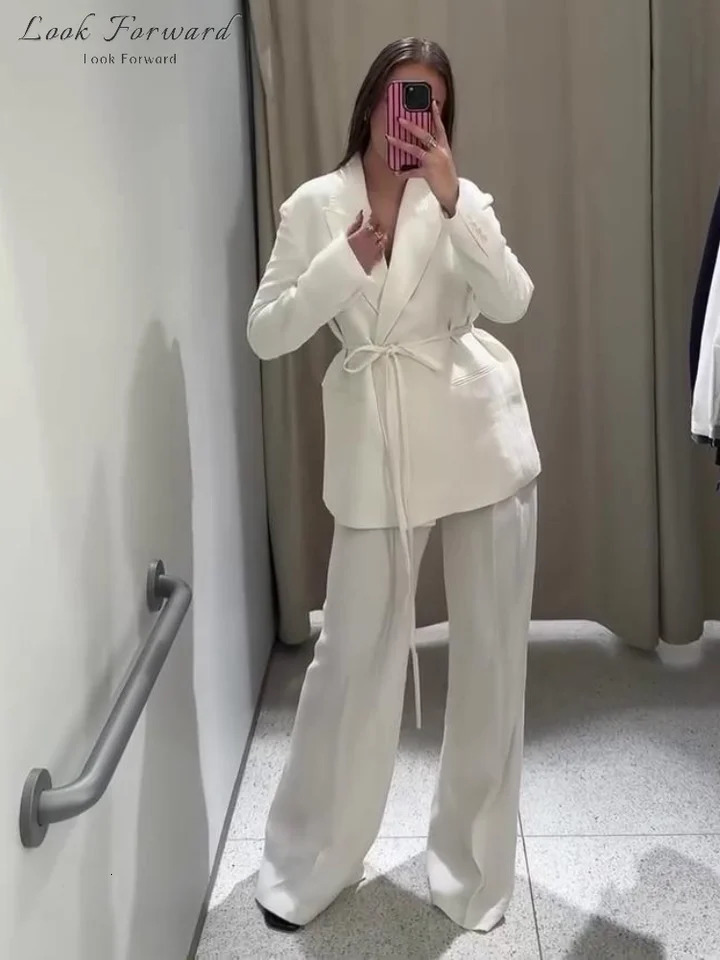 Elegant Blazer Pants Sets Women V-neck Lace up Jacket Full Sleeve Wide Leg Trousers Suit Lady Spring Autumn Solid Set Female 250513