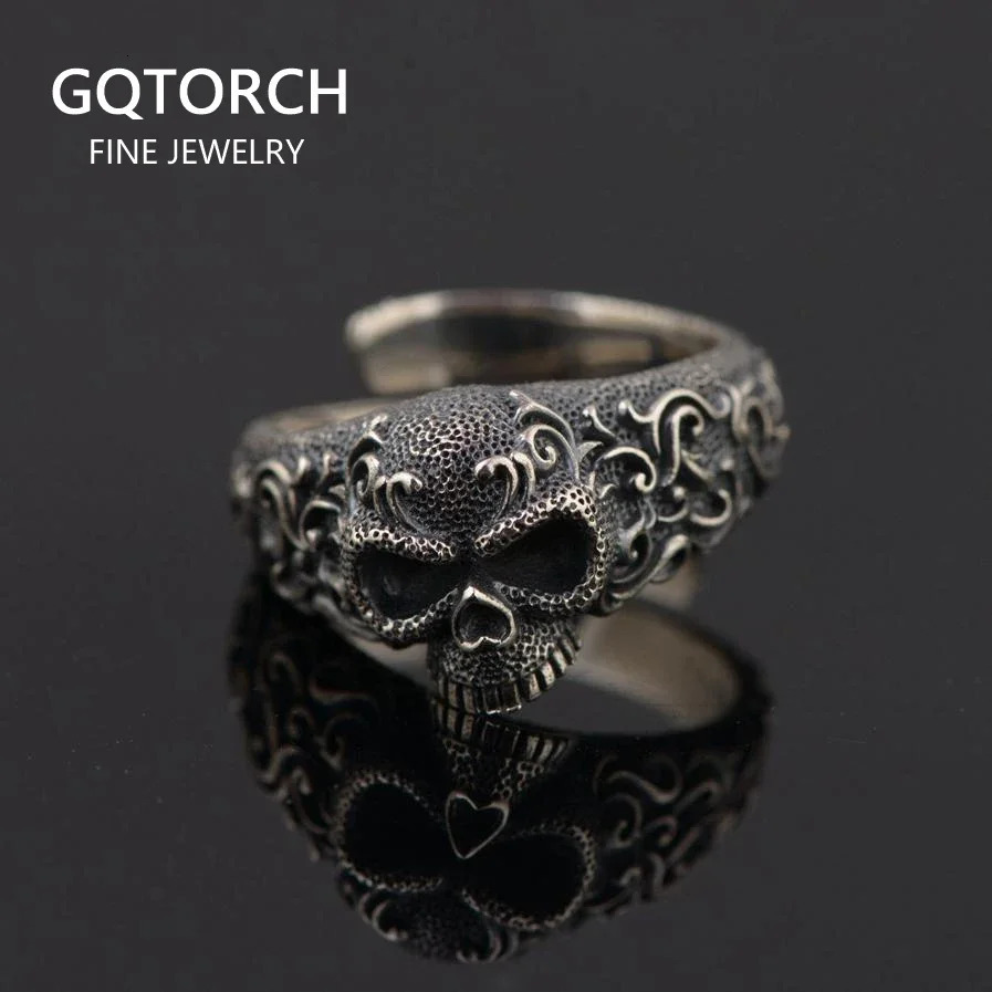 Gothic Punk Skull Rings For Men And Women 925 Sterling Silver Jewelry Resizable Vintage Flower Engraved Skeleton Finger Band 250509