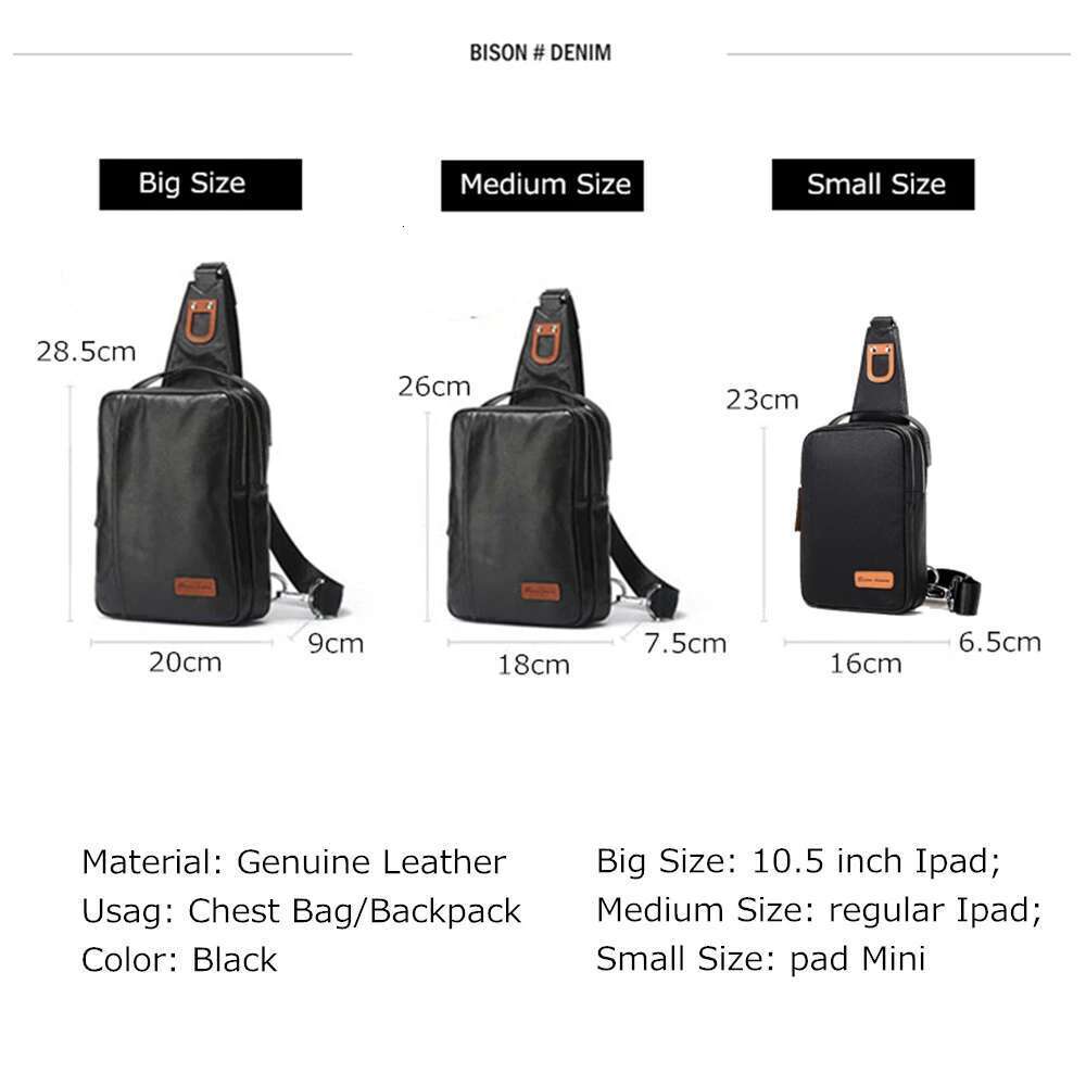 BISON DENIM Genuine Leather Crossbody Bags Multifunctional Zipper Shoulder Bag Casual Men Chest Waist Pack N2425