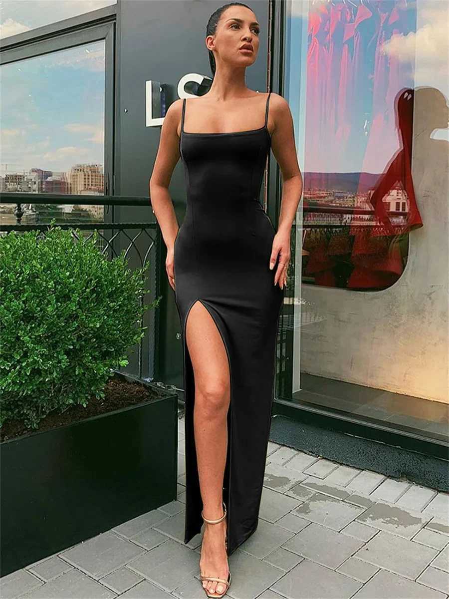 Women Summer Sexy Bodycon Dress Lady Sexy Spaghetti Strap Sleeve Split Solid Color Sheath Dress DressesXJ250514