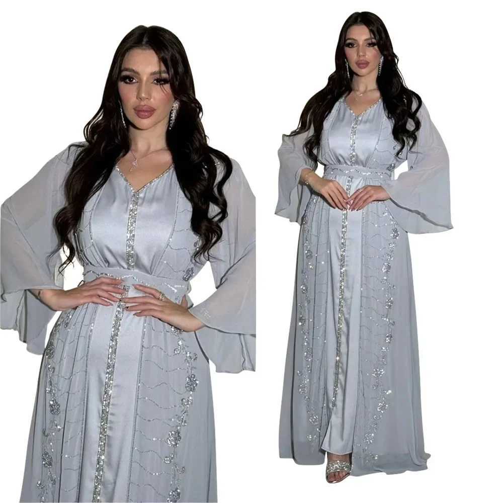 Elegant 2 Pieces Muslim Sets for Women Eid Arab Open Abaya Dress Islam Femme Party Jalabiya Luxury Turkey Dress Moroccan Kaftan X250514