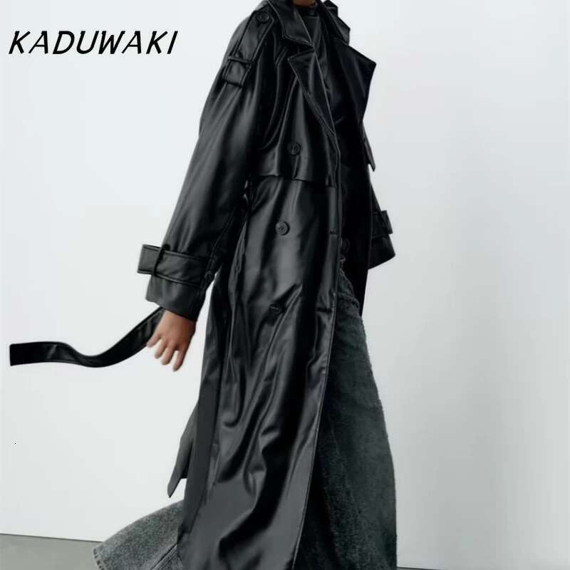 KADUWAKI Spring New European/American Style Commuting Lapel Trench With Belt Faux Leather Loose Long Windbreaker Jackets Female