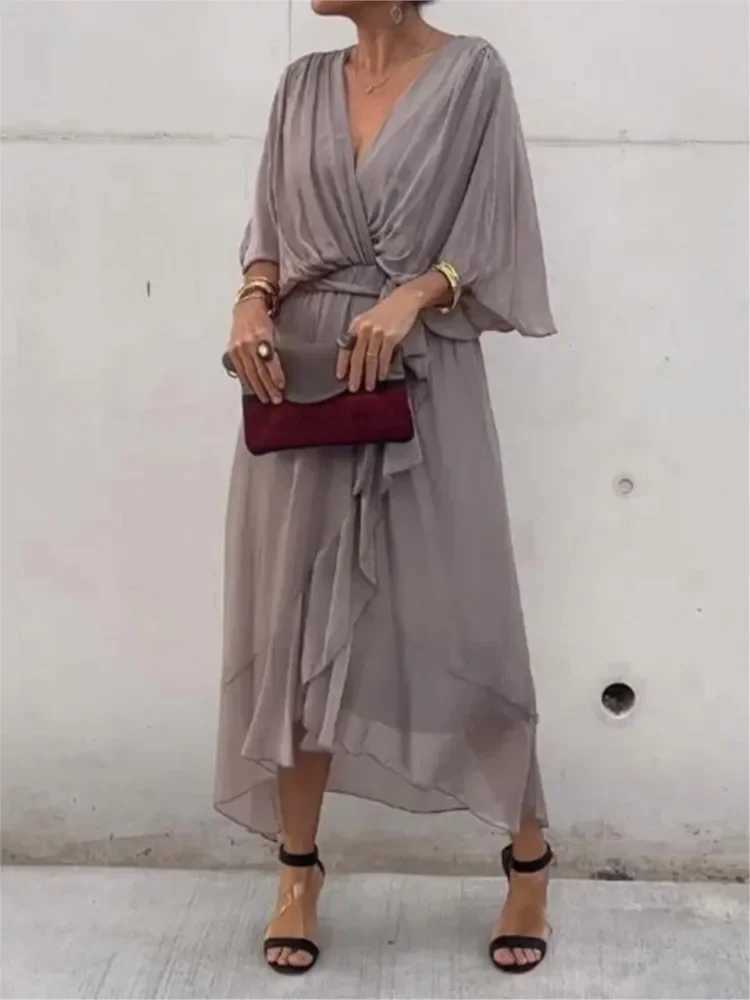 Summer New Womens Dress Solid Color Bat Sleeves Half-sleeved Lace-up Sexy V-neck Long Dress Fashionable Irregular Long DressXJ250514