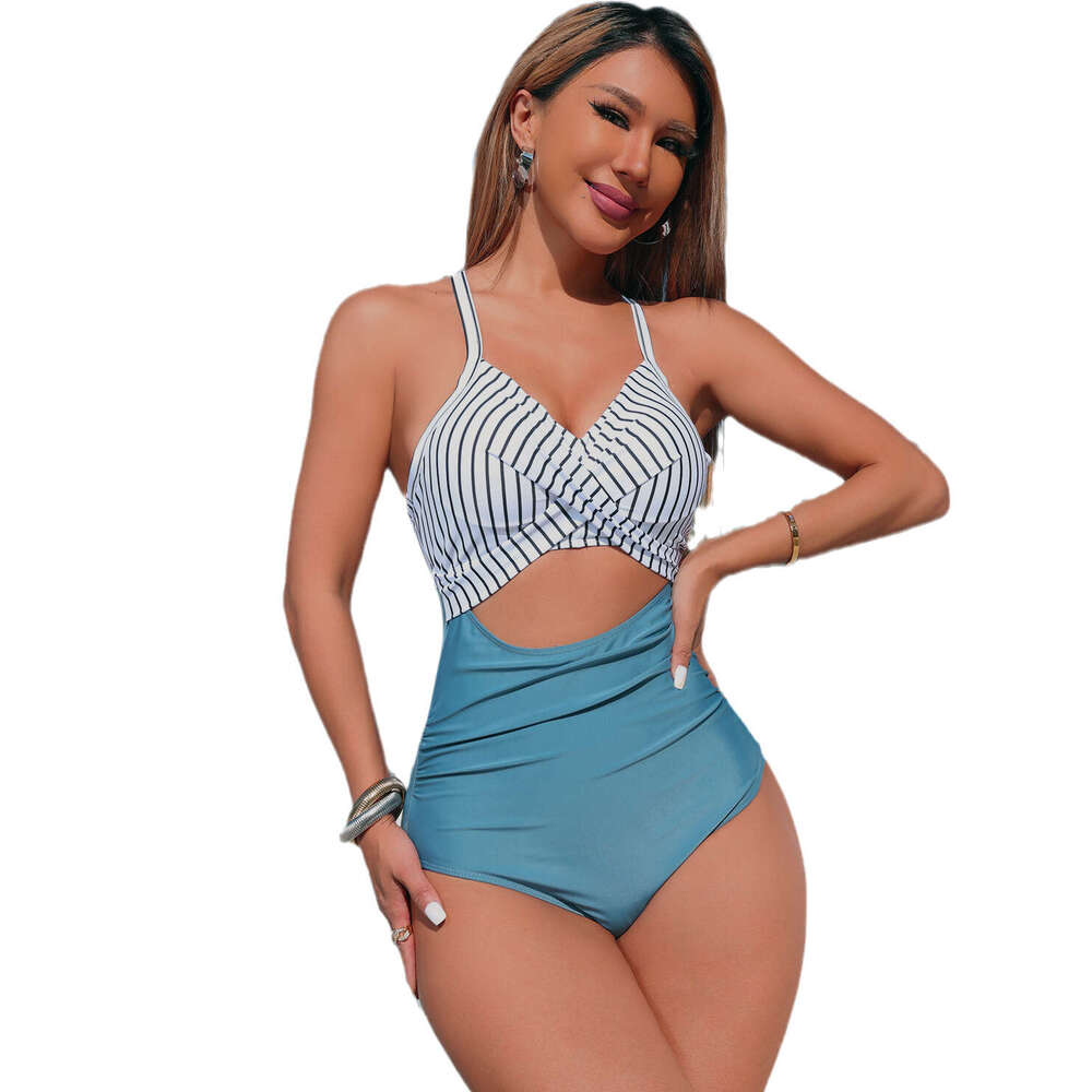 European American one-piece female sexy hollow cross color swimsuit backless tight strap 2025 new style chic and elegant clothing