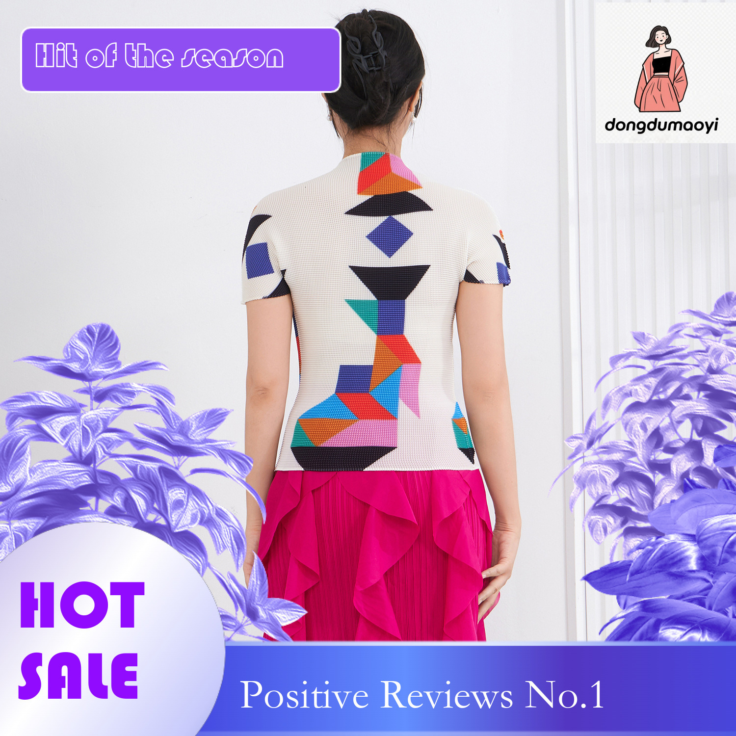 dongdumaoyi Counter quality pleated semi high neck T-shirt women in summer, with a high-end feel and printed slim fit temperament. Versatile top for w