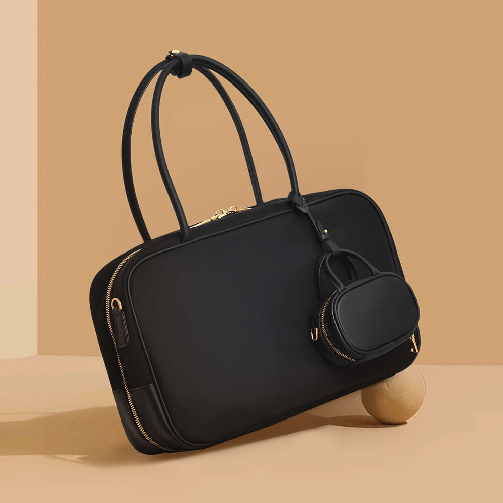 Nylon Waterproof Fabric Spliced Cowhide Bowling Large Capacity Commuting Office Single Shoulder Crossbody Bag, Women's Bag