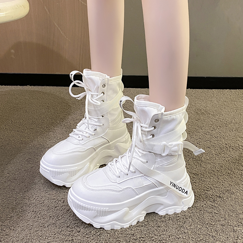 Hot Fashion Women Sporty High Top Shoes Chunky Platform Motorcycle Boots White Lace Up Thick Bottom Shoes Woman Autumn Winter Ankle Botas De Mujer