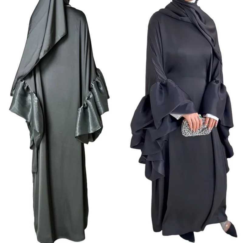 Arab Satin Robe Moroccan Maxi Islamic Turkey Clothes Kaftan Ramadan Eid Muslim Abaya Dubai Elegant Ruffle Slve Evening Dresses X2505141