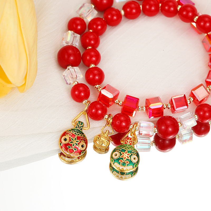 Ethnic ancient style crystal couple agate bead swallowing gold beast double circle big red bracelet