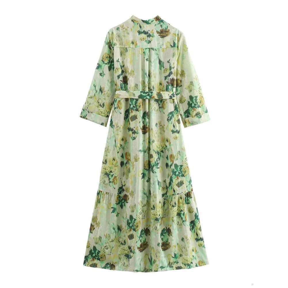 Zach Ailsa Summer New Women's Style Slim Fit Round Neck Long sleeved Bow with Belt and Button Printed Midi Dress