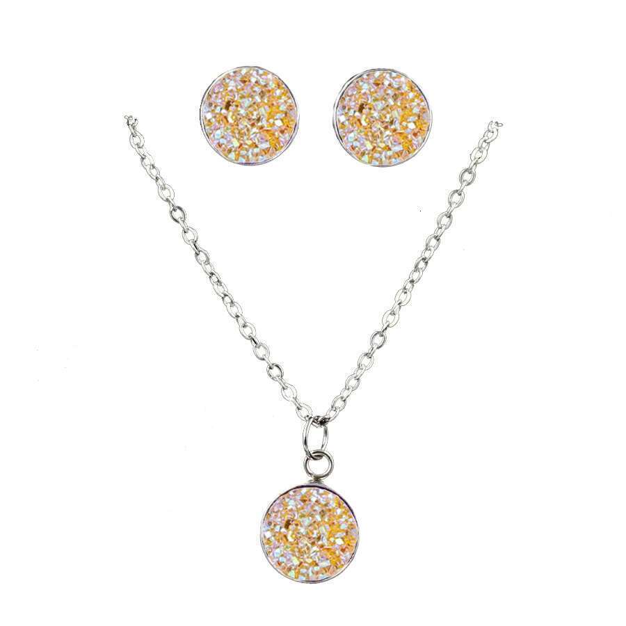 Fashion Drusy Round Pendant Jewelry For Anti Allergy Bling Stud Earrings Sets Women Party Necklace
