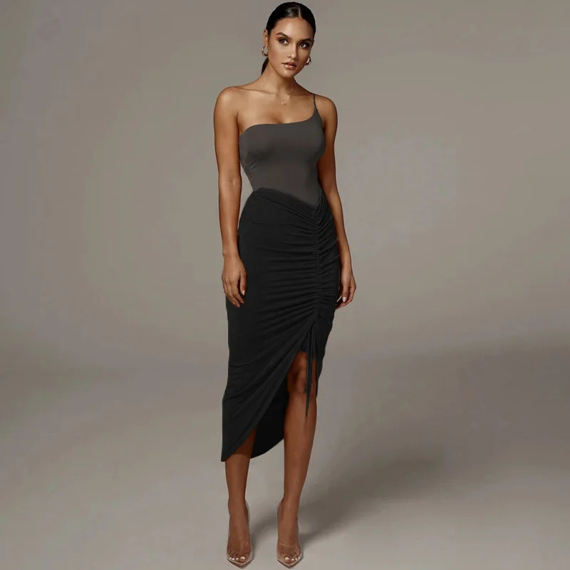 Womens Asymmetrical Shirring Skirt High Waist Pleated Fashion Pencil Summer Solid Wrap Hip Sexy Slim Irregular Skirts 250514