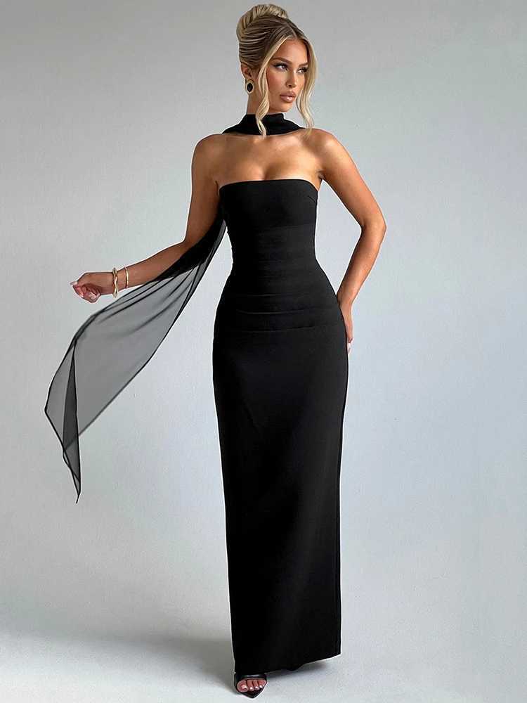 Mozision Scarf Collar Strapless Sexy Maxi Dress For Women Fashion Off-shoulder Backless Bodycon Club Party Long Dress ElegantXJ250514