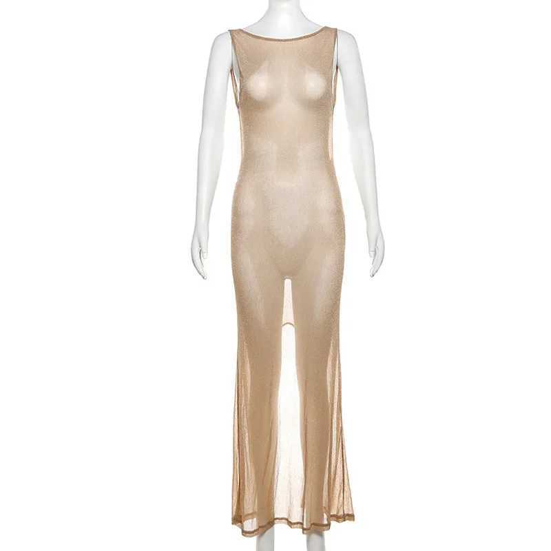See Through Beach Maxi Split Dress Sundress Women Summer Sleeveless Backless Bodycon Y2K Long Dresses Outfits Sexy Party ClubXJ250514