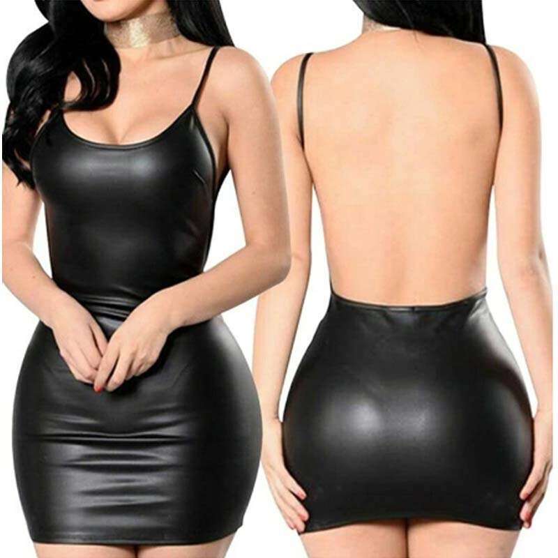 Women Clothes Dress New Hanging Strap Wrap Hip Dress Black Sexy Lacquer Short Skirt Open Back KQ