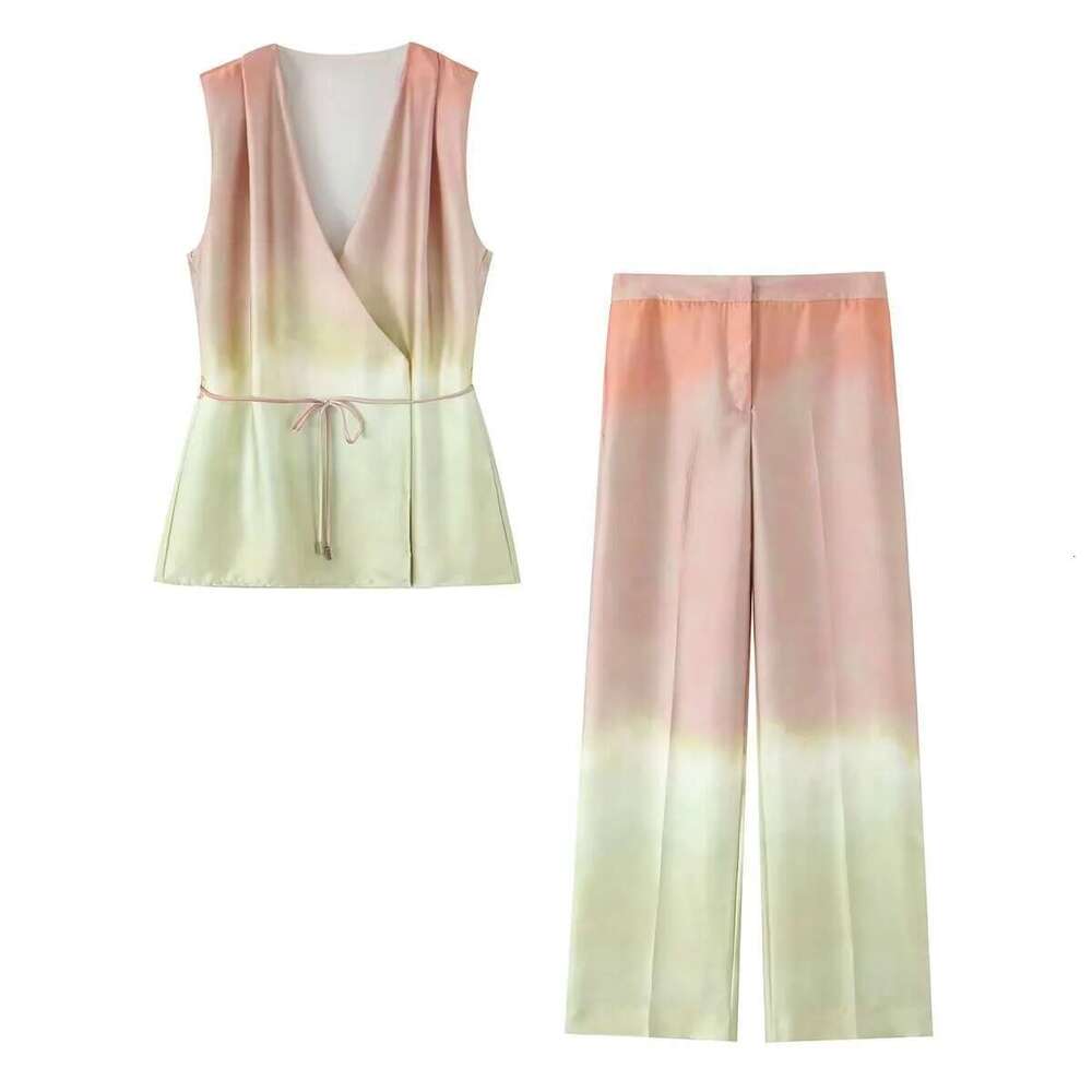 Pb&Za Summer New Women's Tie Dye Printed V-Neck Sleeveless Temperament Top High Waisted Loose Pants Set